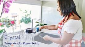  Presentation with hispanic - Presentation design with hispanic-brunette-woman-washing-dishes background and a lemonade colored foreground