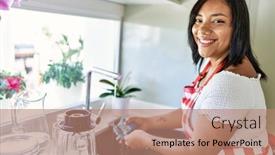  Presentation with hispanic - PPT layouts consisting of hispanic-brunette-woman-washing-dishes background and a coral colored foreground
