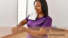  Presentation with gym - Slide deck having hispanic-brunette-woman-wearing-sportwears background and a coral colored foreground