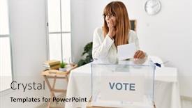  Presentation with voting - Presentation theme enhanced with hispanic-business-woman-voting-putting background and a mint green colored foreground