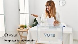  Presentation with hand palm - PPT layouts enhanced with hispanic-business-woman-voting-putting background and a mint green colored foreground