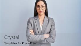  Presentation with simple business - Presentation theme enhanced with hispanic-business-woman-wearing-glasses background and a light gray colored foreground