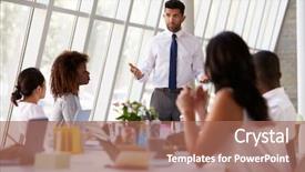  Presentation with meeting table - Beautiful slide set featuring hispanic businessman leading meeting backdrop and a coral colored foreground