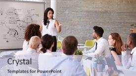  Presentation with meeting table - PPT theme having hispanic businesswoman leading meeting background and a light blue colored foreground