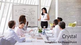 Presentation with meeting table - PPT theme featuring hispanic businesswoman leading meeting background and a light gray colored foreground
