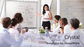  Presentation with leading through motivation - Slide set featuring hispanic businesswoman leading meeting background and a light blue colored foreground