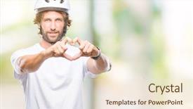  Presentation with heart hands - Cool new PPT theme with hispanic cyclist man wearing safety backdrop and a  colored foreground