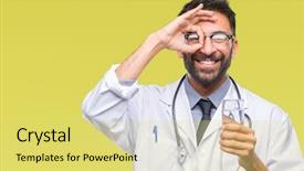  Presentation with eye glass - Slide deck with hispanic doctor man drinking glass background and a yellow colored foreground