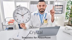  Presentation with clock face - Slide set having hispanic-doctor-man-holding-clock background and a light gray colored foreground