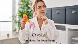  Presentation with awareness - Presentation theme consisting of hispanic-doctor-woman-holding-awareness background and a soft green colored foreground