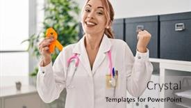  Presentation with awareness - Presentation theme featuring hispanic-doctor-woman-holding-awareness background and a light gray colored foreground