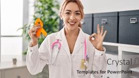  Presentation with suicide awareness - Slide deck consisting of hispanic-doctor-woman-holding-awareness background and a light gray colored foreground