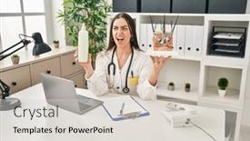  Presentation with skin doctor - Presentation theme featuring hispanic-doctor-woman-holding-model background and a lemonade colored foreground