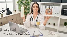  Presentation with skin doctor - Presentation theme having hispanic-doctor-woman-holding-model background and a soft green colored foreground