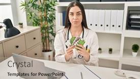  Presentation with prescription - Theme featuring hispanic-doctor-woman-holding-prescription background and a mint green colored foreground