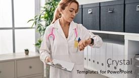  Presentation with negative - PPT theme featuring hispanic-doctor-woman-looking background and a  colored foreground