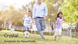  Presentation with father teaching children - Presentation design having hispanic family - father with children playing soccer background and a soft green colored foreground