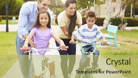  Presentation with parents and children - Audience pleasing presentation design consisting of hispanic family - parents teaching children to ride backdrop and a yellow colored foreground