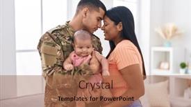  Presentation with army - PPT theme featuring hispanic-family-army-soldier-hugging background and a coral colored foreground