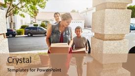  Presentation with new family new born - Presentation design consisting of carry - hispanic family carrying boxes background and a coral colored foreground