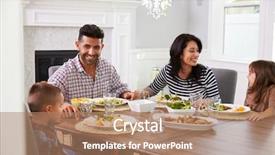  Presentation with table meal plan for osteotphorosis - Presentation enhanced with food latino - hispanic family enjoying meal background and a coral colored foreground