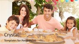  Presentation with hispanic culture - PPT theme consisting of hispanic family enjoying outdoor meal background and a coral colored foreground