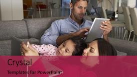  Presentation with using digital tablet - Cool new slide deck with hispanic family on sofa using backdrop and a violet colored foreground