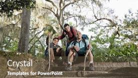  Presentation with backpacks - PPT theme having hispanic family with backpacks hiking in park resting background and a tawny brown colored foreground