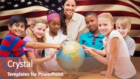  Presentation with united states old flag - PPT layouts enhanced with hispanic flags - cute pupils and teacher looking background and a coral colored foreground