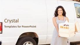  Presentation with female l leader - Presentation design having hispanic food - female baker delivering cakes standing background and a sky blue colored foreground