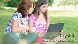  Presentation with web - Cool new theme with hispanic girl and her young mother browsing the web using a laptop computer at a park outdoors backdrop and a mint green colored foreground