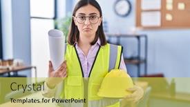  Presentation with sad girl - Presentation theme consisting of hispanic-girl-architect-holding-build background and a yellow colored foreground