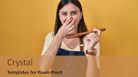  Presentation with bad breath - Slides with hispanic-girl-eating-healthy-wooden background and a gold colored foreground