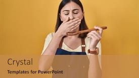  Presentation with sleepiness - Presentation having hispanic-girl-eating-healthy-wooden background and a gold colored foreground
