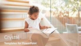  Presentation with girl reading - Audience pleasing theme consisting of hispanic-girl-sitting-on-staircase backdrop and a coral colored foreground