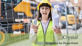  Presentation with architect - Slides enhanced with hispanic-girl-wearing-architect-hardhat background and a mint green colored foreground