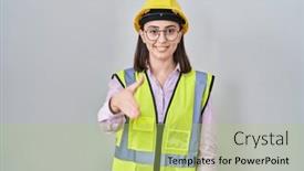  Presentation with builder - Presentation theme enhanced with hispanic-girl-wearing-builder-uniform background and a  colored foreground