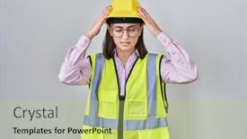  Presentation with migraine - Presentation design featuring hispanic-girl-wearing-builder-uniform background and a yellow colored foreground