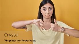  Presentation with conflict - PPT theme having hispanic-girl-wearing-casual-t background and a yellow colored foreground