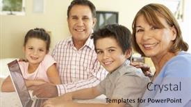  Presentation with grandparents - PPT theme enhanced with hispanic grandparents and grandchildren using computer at home background and a coral colored foreground