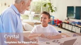  Presentation with robot electronic - Cool new presentation theme with hispanic-grandson-and-grandfather-building backdrop and a coral colored foreground