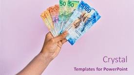  Presentation with hand holding pencil - Colorful slide deck enhanced with hispanic-hand-holding-swiss-franc backdrop and a lemonade colored foreground