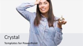  Presentation with problem in hotel - Audience pleasing presentation design consisting of hispanic holding hotel ring bell backdrop and a light blue colored foreground