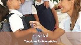  Presentation with school family - Beautiful presentation theme featuring hispanic little girls going to school hispanic family at kitchen backdrop and a coral colored foreground