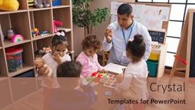 Presentation with kindergarten - PPT layouts consisting of hispanic-man-and-group background and a coral colored foreground