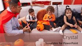  Presentation with halloween bat - Slide deck consisting of hispanic-man-and-group background and a coral colored foreground