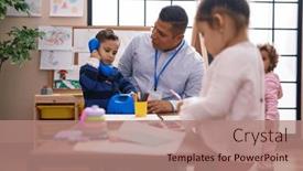  Presentation with kids playing - Presentation theme featuring hispanic-man-and-group background and a coral colored foreground