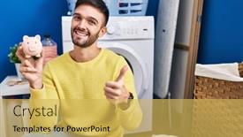  Presentation with piggy bank - Theme having hispanic-man-doing-laundry-holding background and a yellow colored foreground