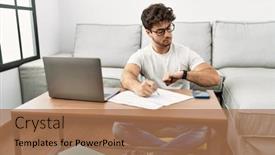  Presentation with home - Slides consisting of hispanic-man-doing-papers background and a  colored foreground