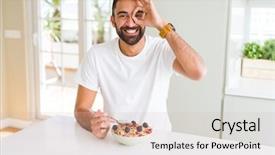  Presentation with healthy eating - Presentation design enhanced with hispanic man eating healthy breakfast background and a  colored foreground